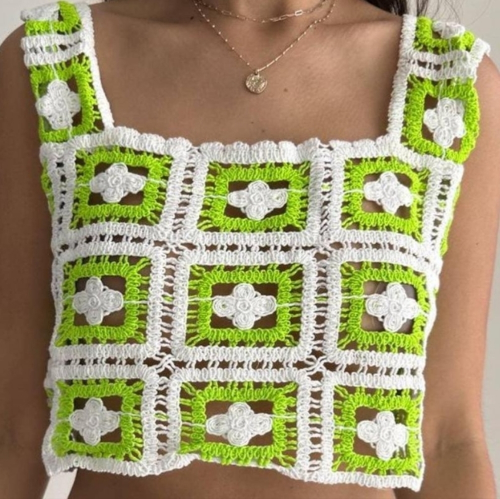 Julia Crochet Floral Patch Bohemian Style Crop Top Bright Green & White Small